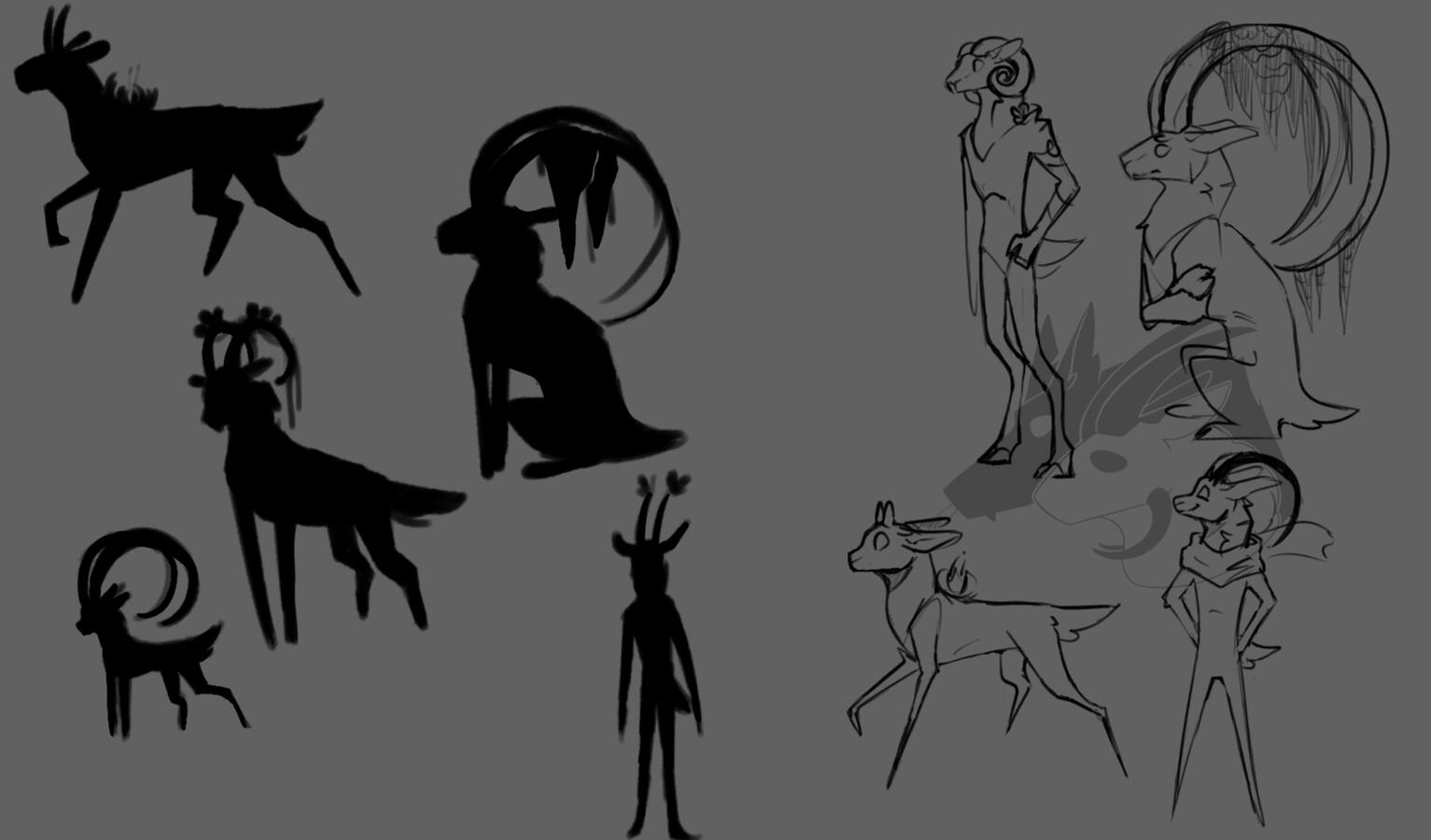 Thumbnail sketches for a goat character in the spiritfarer style